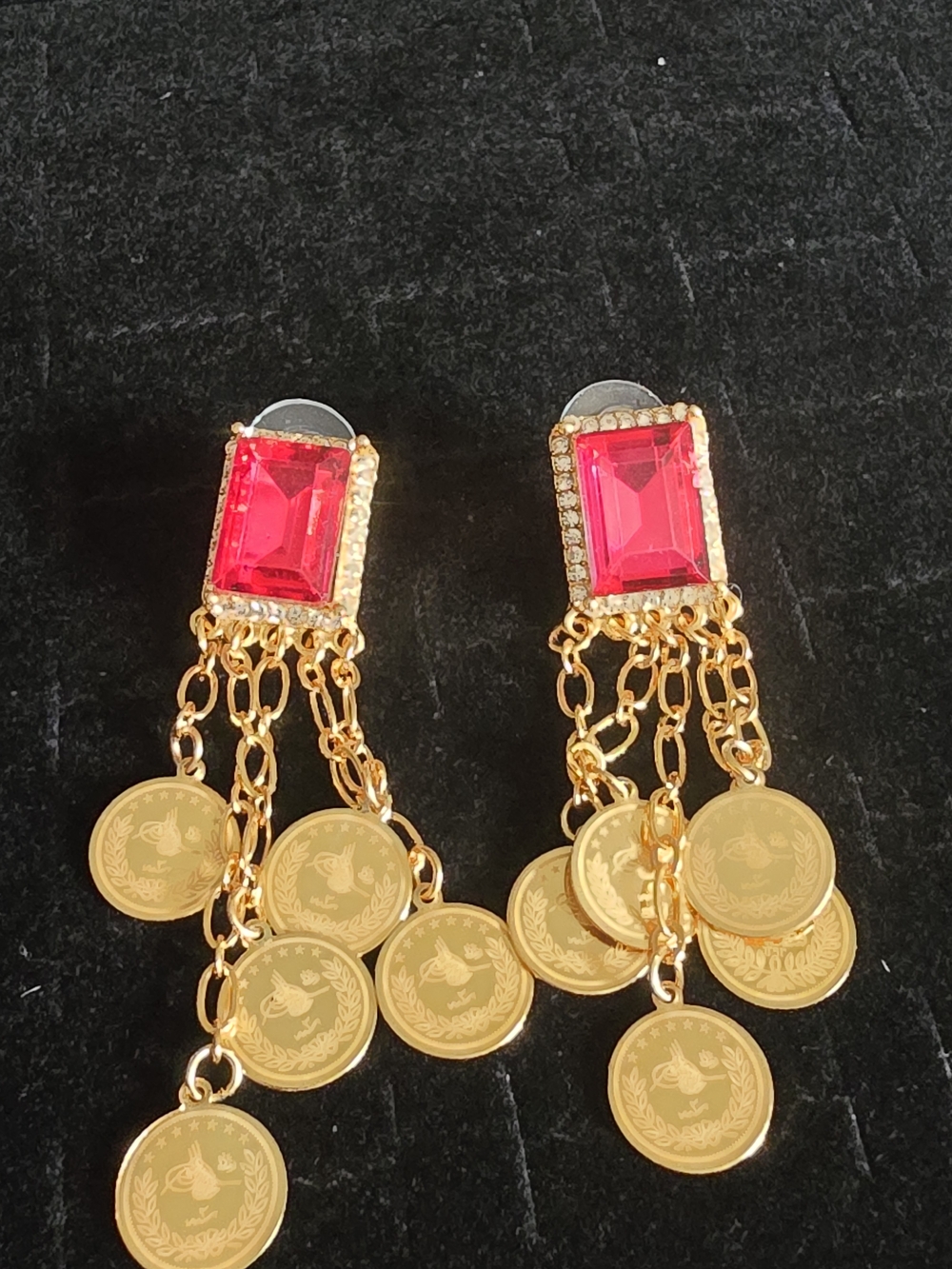 22kgp Duabi Jewelry Gold Coin Drop Earrings with Hot Pink Gemstone
